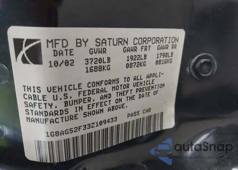 2003 Saturn Ion 1 из США, поврежденный, VIN 1G8AG52F33Z109433